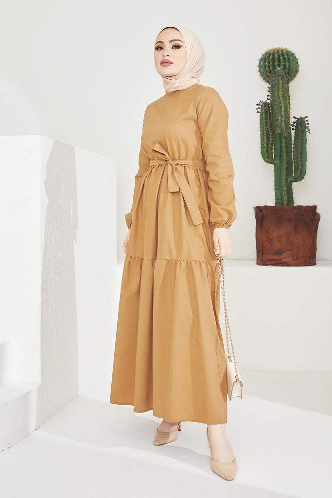 BNG Women Zero Collar Belted Hijab Dress Beige - Clermont
