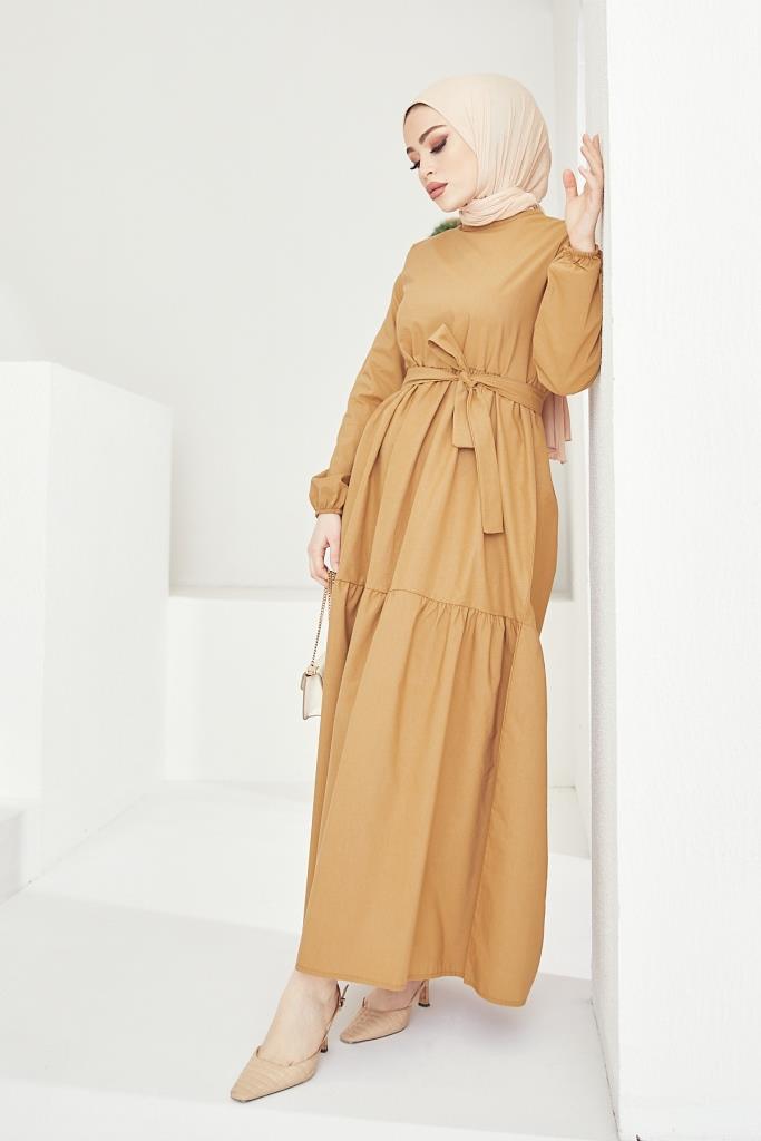 BNG Women Zero Collar Belted Hijab Dress Beige - Clermont