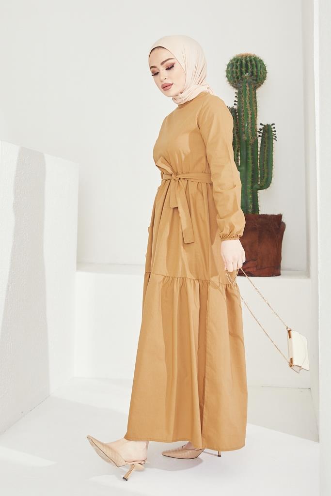 BNG Women Zero Collar Belted Hijab Dress Beige - Clermont