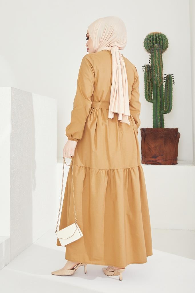 BNG Women Zero Collar Belted Hijab Dress Beige - Clermont