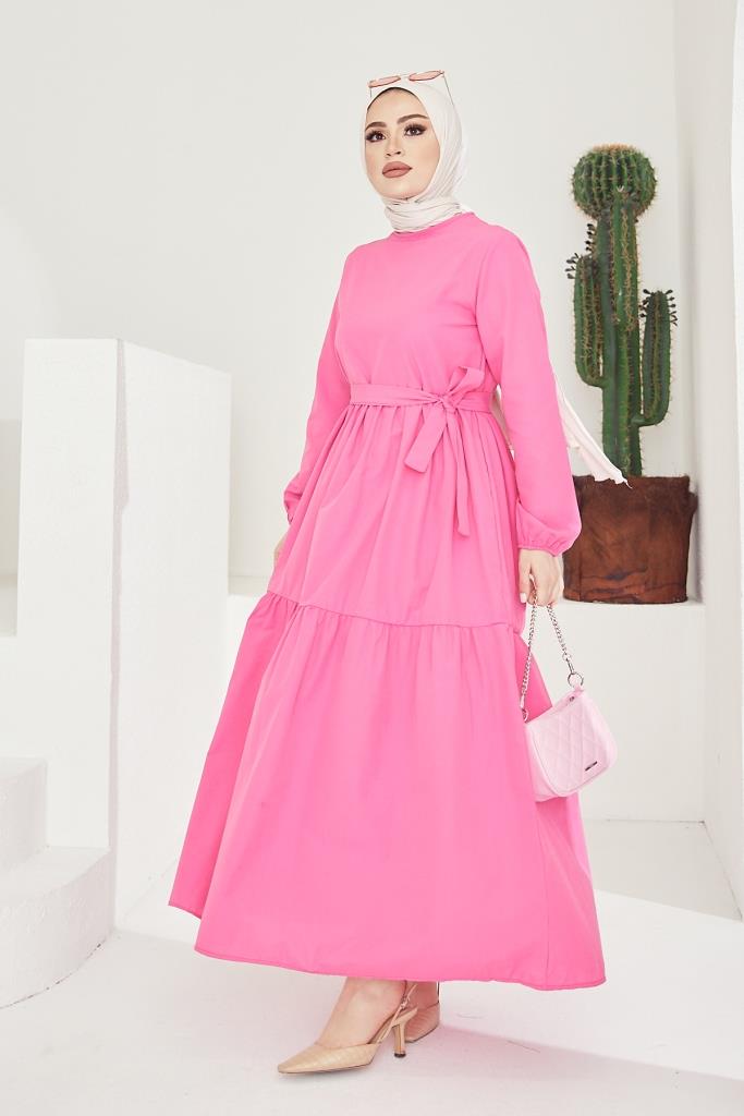 BNG Women Zero Collar Belted Hijab Dress Fuchsia - Clermont