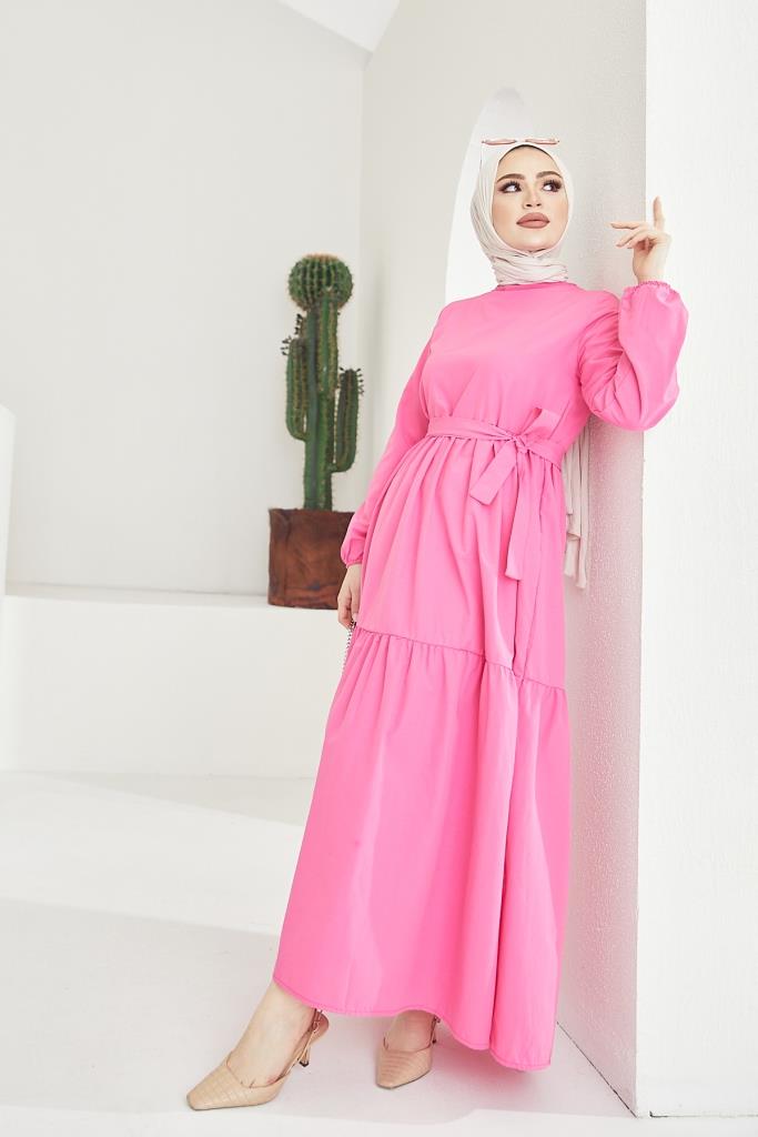 BNG Women Zero Collar Belted Hijab Dress Fuchsia - Clermont