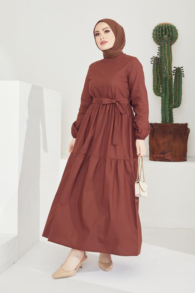 BNG Women Zero Collar Belted Hijab Dress Brown - Clermont