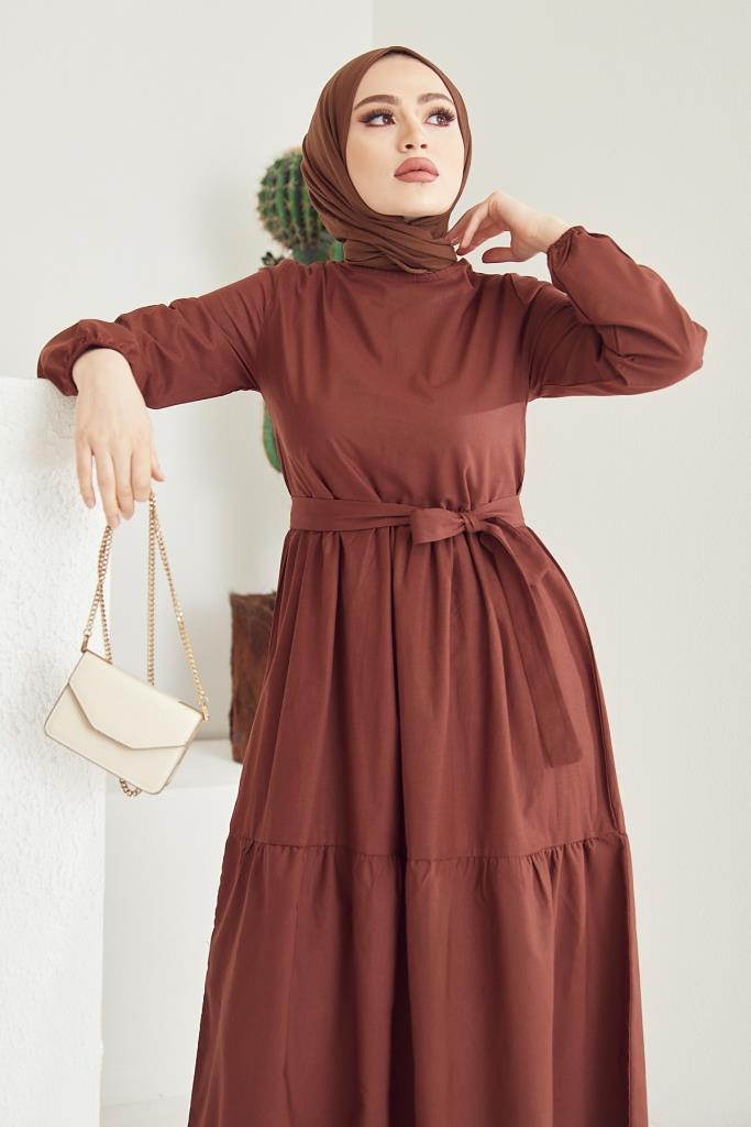 BNG Women Zero Collar Belted Hijab Dress Brown - Clermont