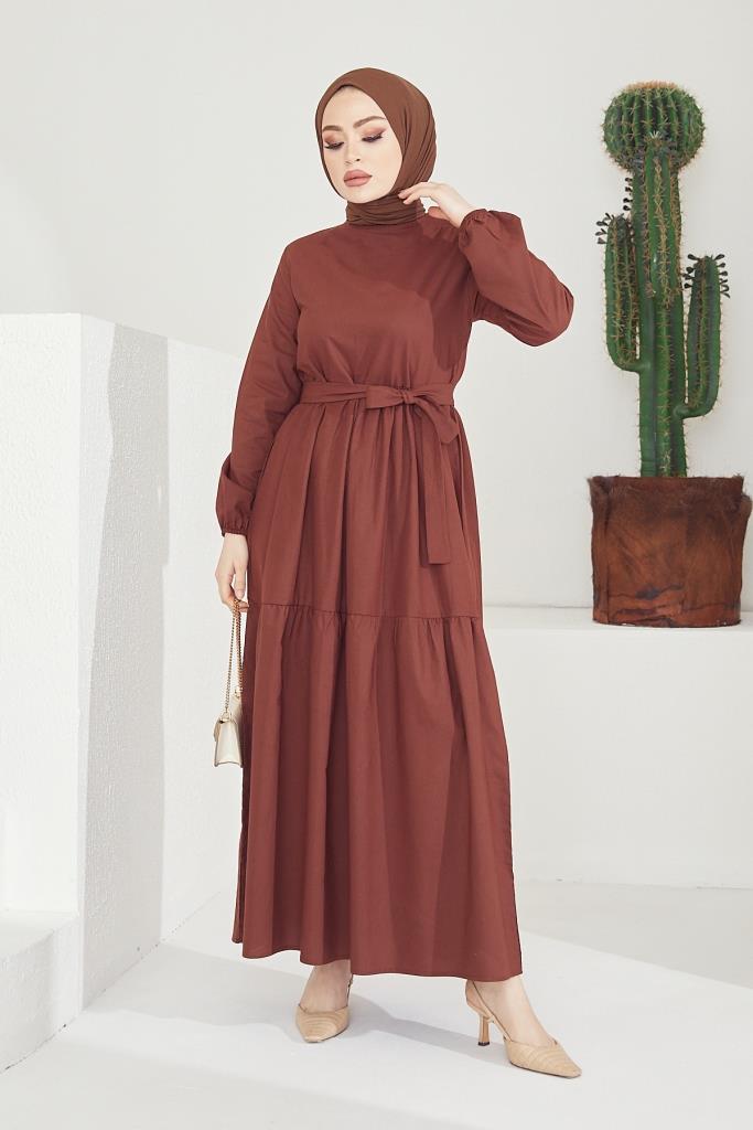 BNG Women Zero Collar Belted Hijab Dress Brown - Clermont