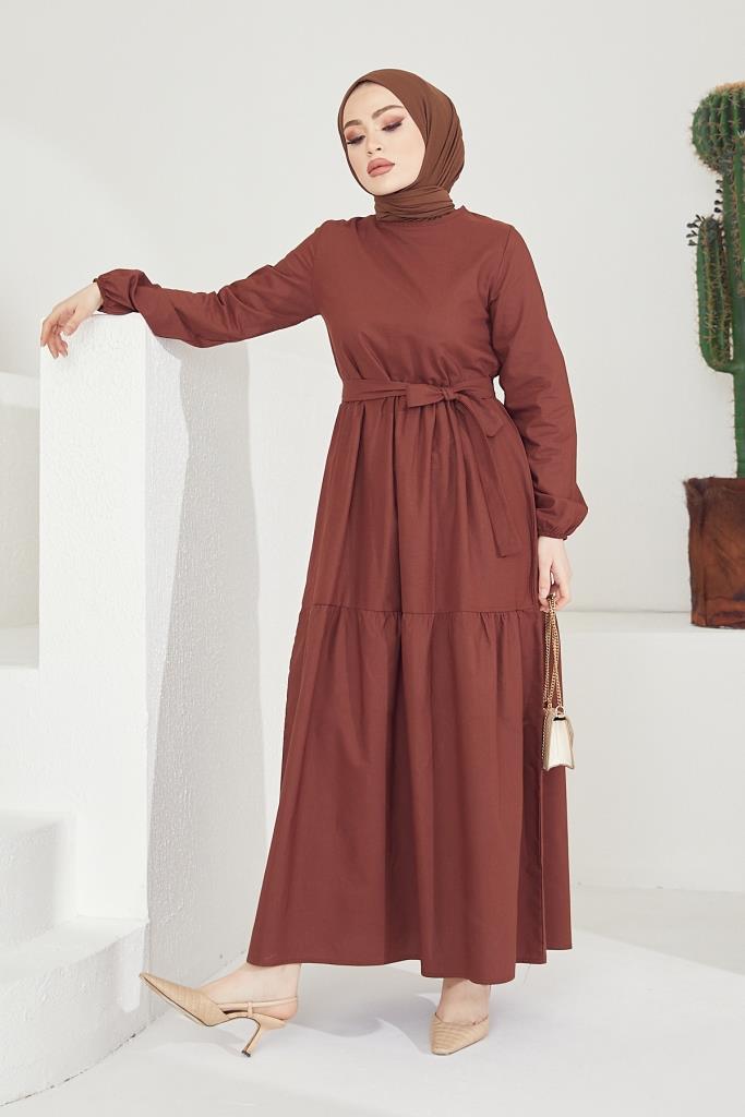 BNG Women Zero Collar Belted Hijab Dress Brown - Clermont