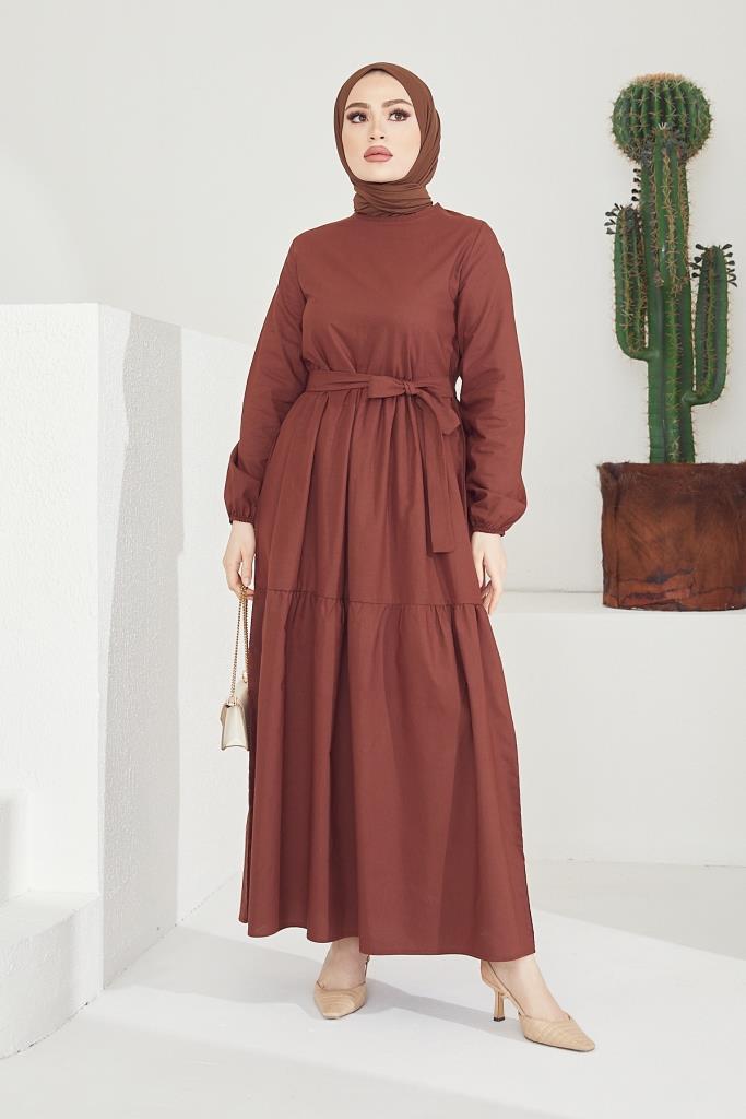 BNG Women Zero Collar Belted Hijab Dress Brown - Clermont