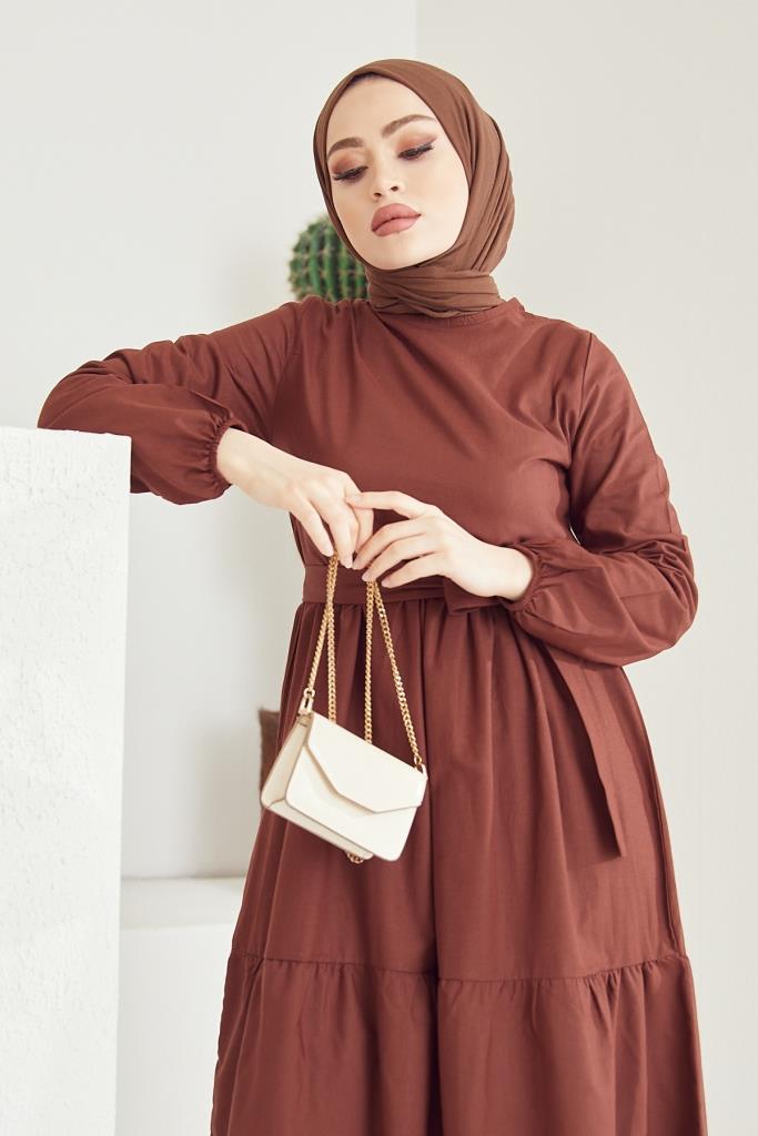 BNG Women Zero Collar Belted Hijab Dress Brown - Clermont