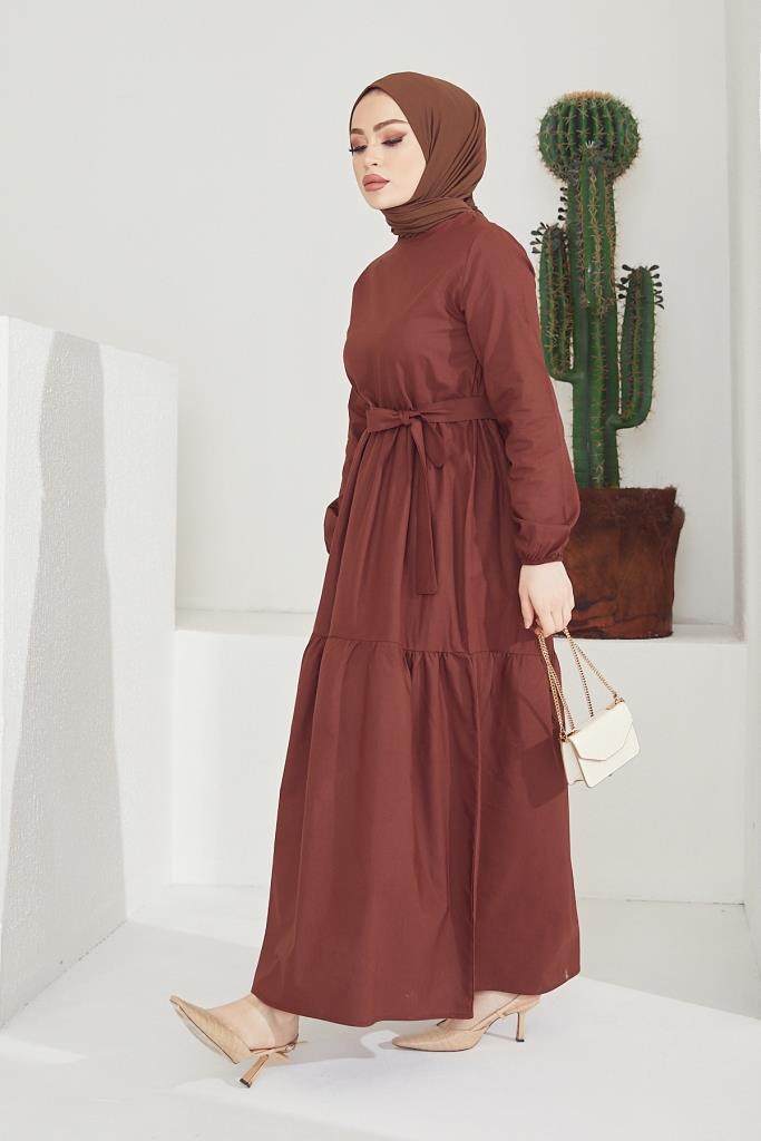 BNG Women Zero Collar Belted Hijab Dress Brown - Clermont