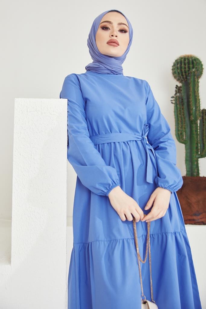 BNG Women Zero Collar Belted Hijab Dress Blue - Clermont