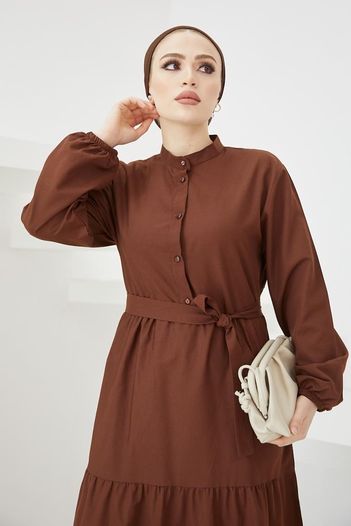 BNG Women Judge Collar Buttoned Hijab Dress Brown - Clermont