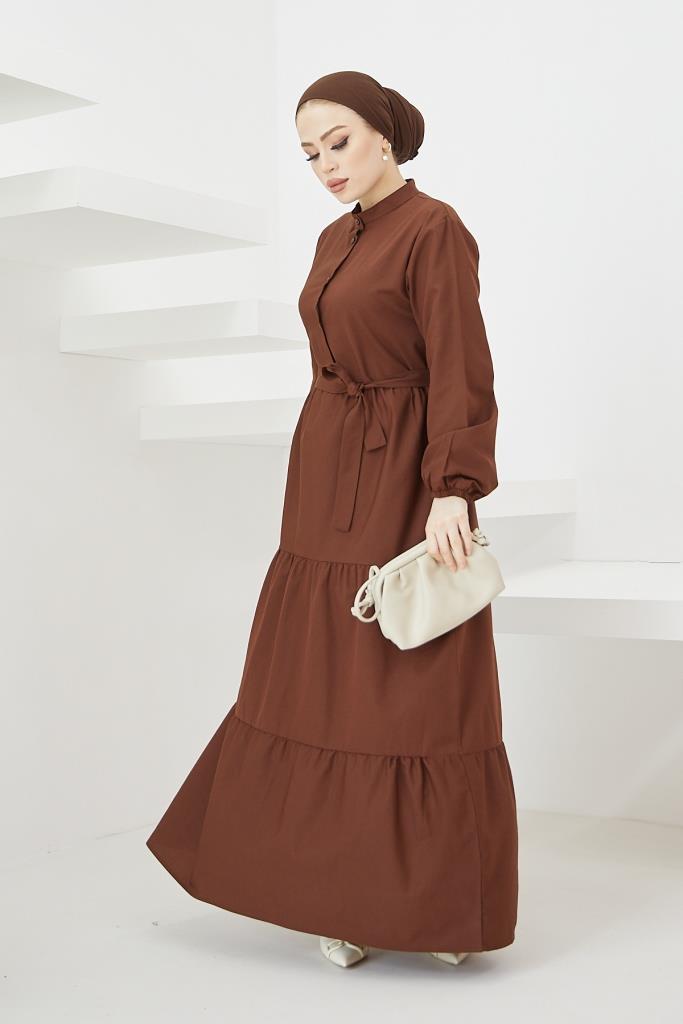 BNG Women Judge Collar Buttoned Hijab Dress Brown - Clermont