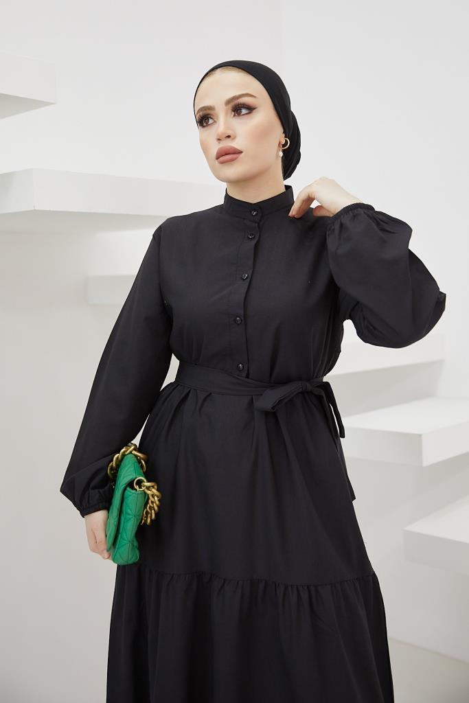 BNG Women Judge Collar Buttoned Hijab Dress Black - Clermont