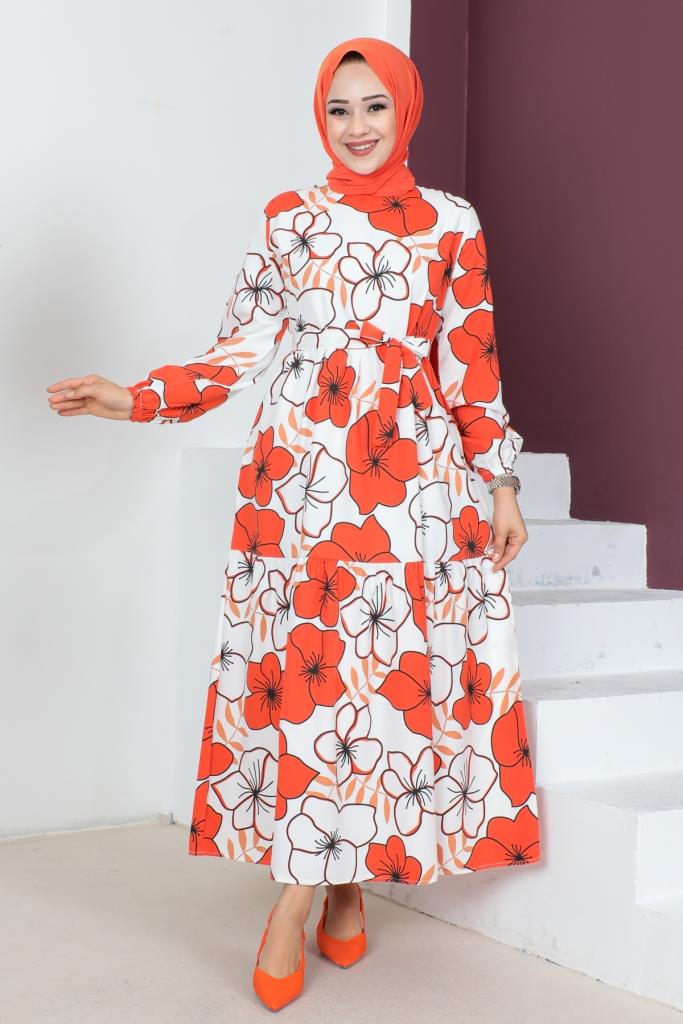 BNG Women Large Flower Patterned Hijab Dress Orange - Clermont