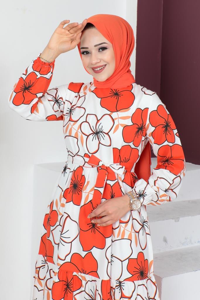 BNG Women Large Flower Patterned Hijab Dress Orange - Clermont