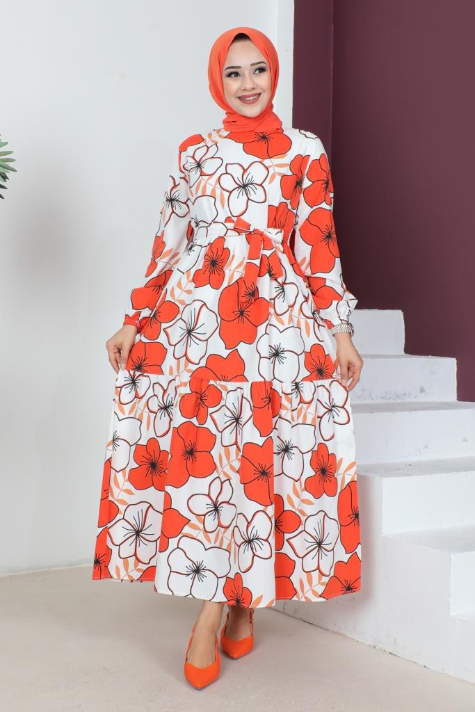 BNG Women Large Flower Patterned Hijab Dress Orange - Clermont