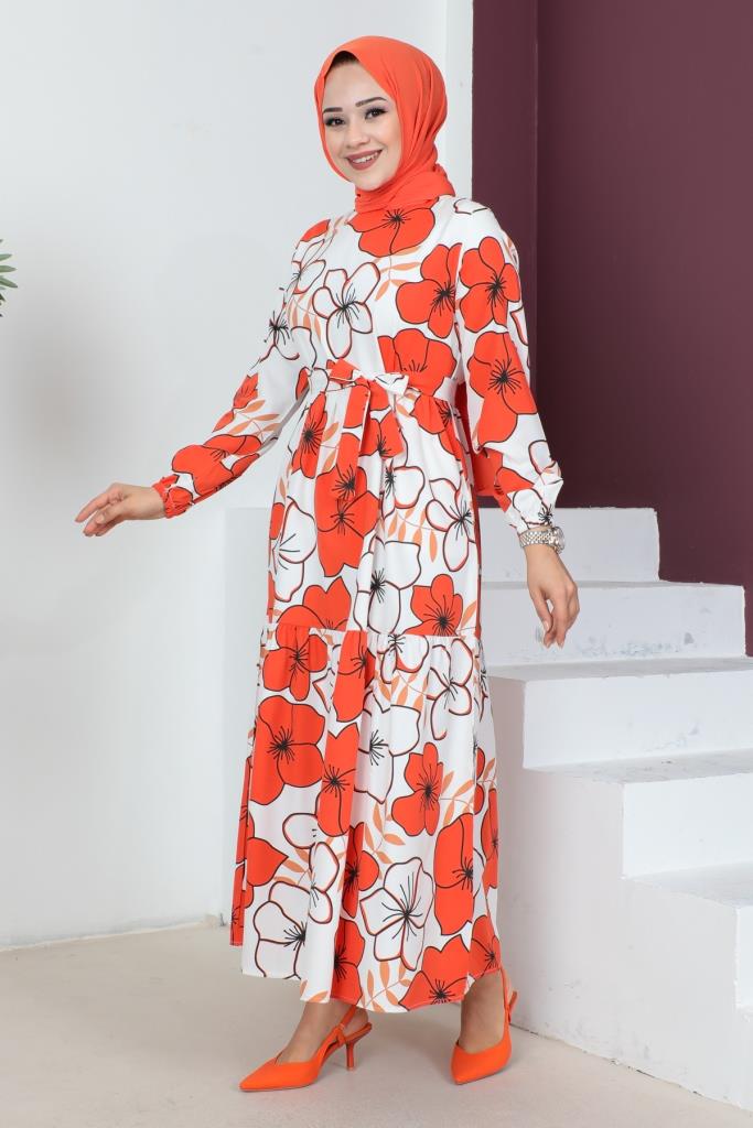 BNG Women Large Flower Patterned Hijab Dress Orange - Clermont