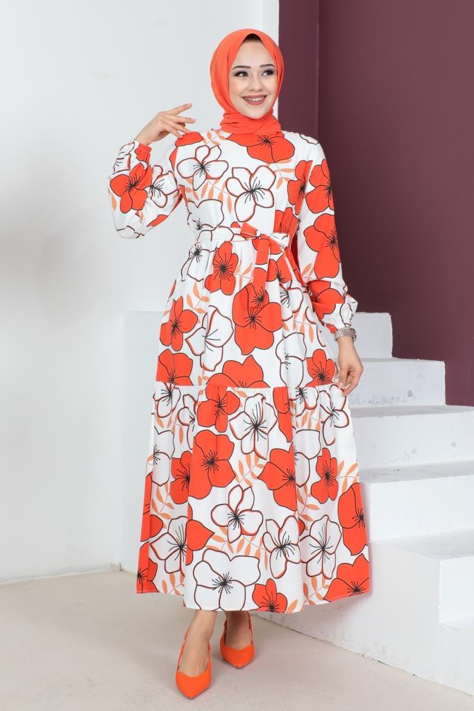 BNG Women Large Flower Patterned Hijab Dress Orange - Clermont
