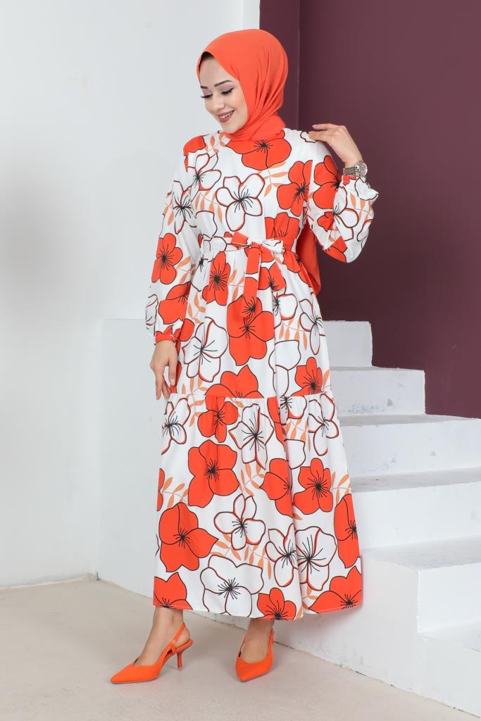 BNG Women Large Flower Patterned Hijab Dress Orange - Clermont