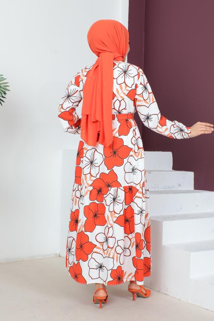 BNG Women Large Flower Patterned Hijab Dress Orange - Clermont
