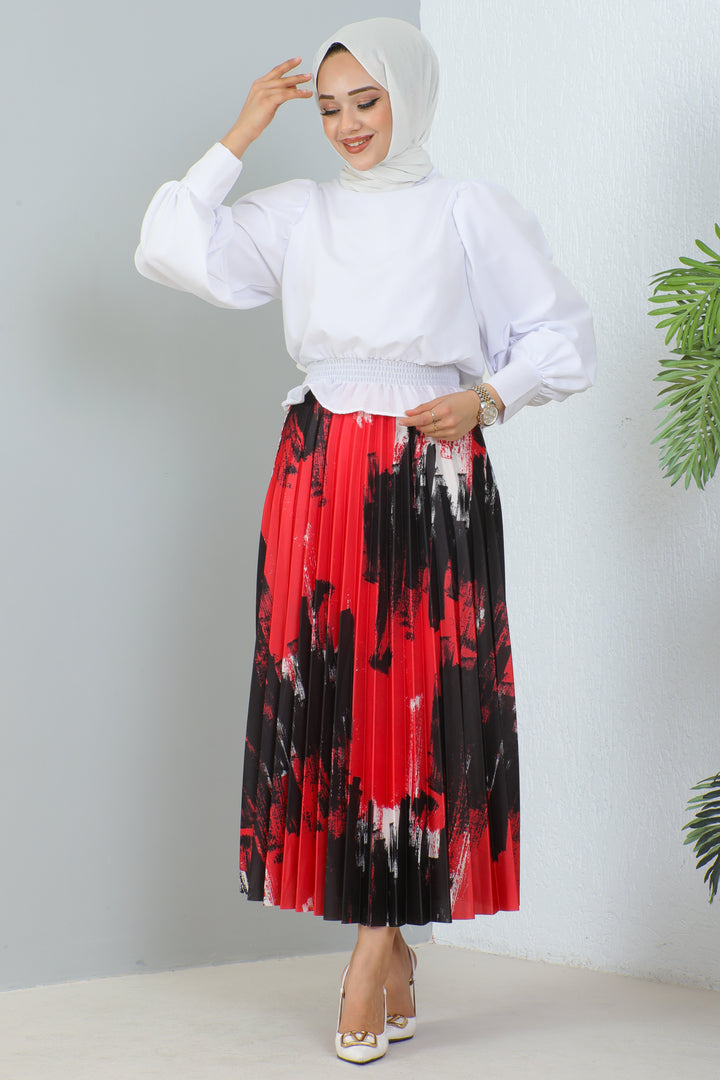 BNG Women Patterned Pleated Hijab Skirt Red - Clermont