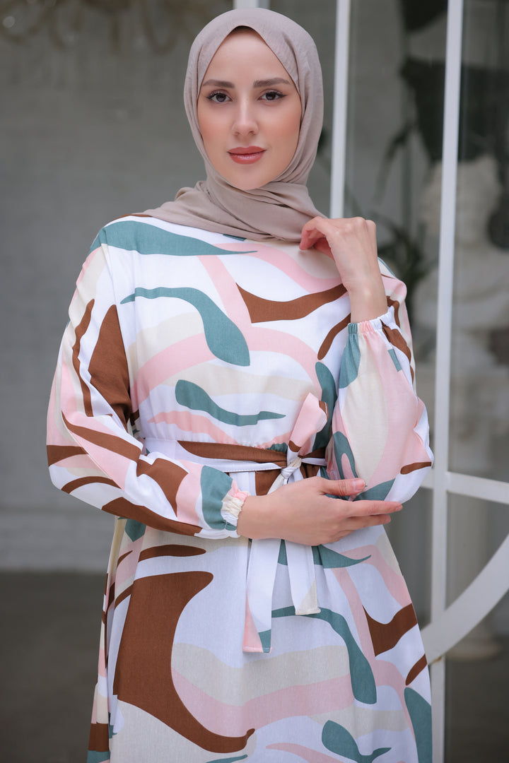 BNG Women Elastic Waist Patterned Hijab Dress Mint Green - Clermont