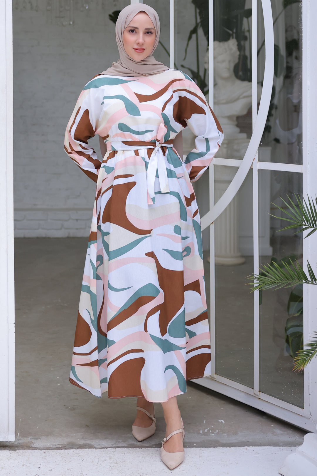 BNG Women Elastic Waist Patterned Hijab Dress Mint Green - Clermont