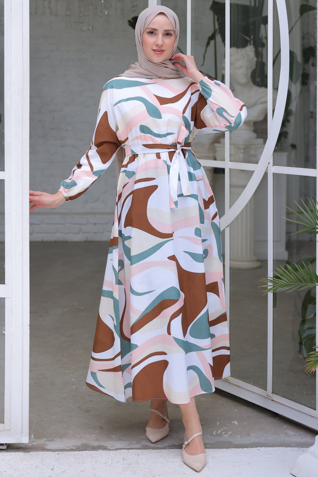 BNG Women Elastic Waist Patterned Hijab Dress Mint Green - Clermont