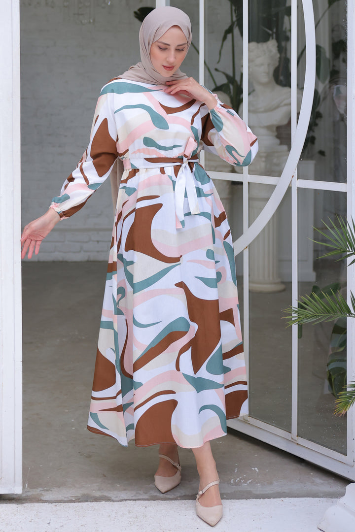 BNG Women Elastic Waist Patterned Hijab Dress Mint Green - Clermont