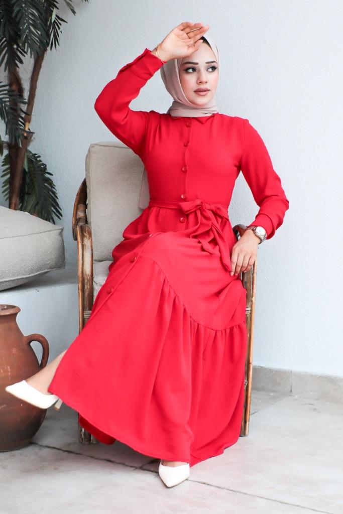 BNG Women Shirt Collar Aerobin Hijab Dress Red - Clermont