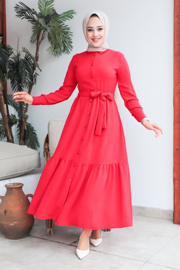 BNG Women Shirt Collar Aerobin Hijab Dress Red - Clermont