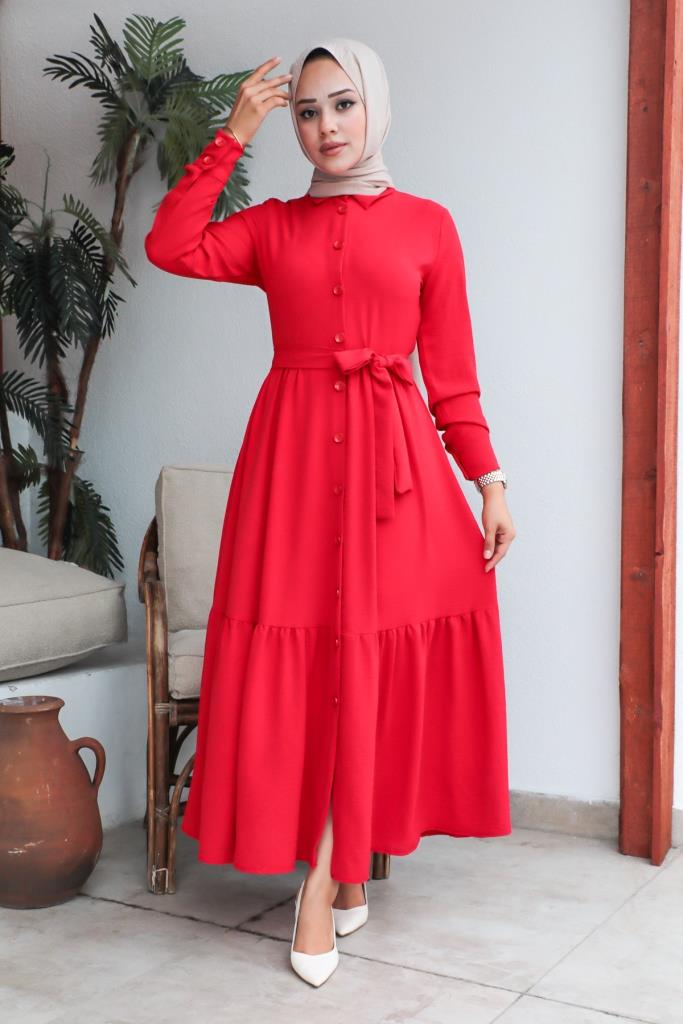 BNG Women Shirt Collar Aerobin Hijab Dress Red - Clermont
