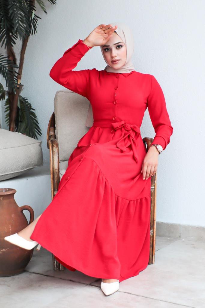 BNG Women Shirt Collar Aerobin Hijab Dress Red - Clermont