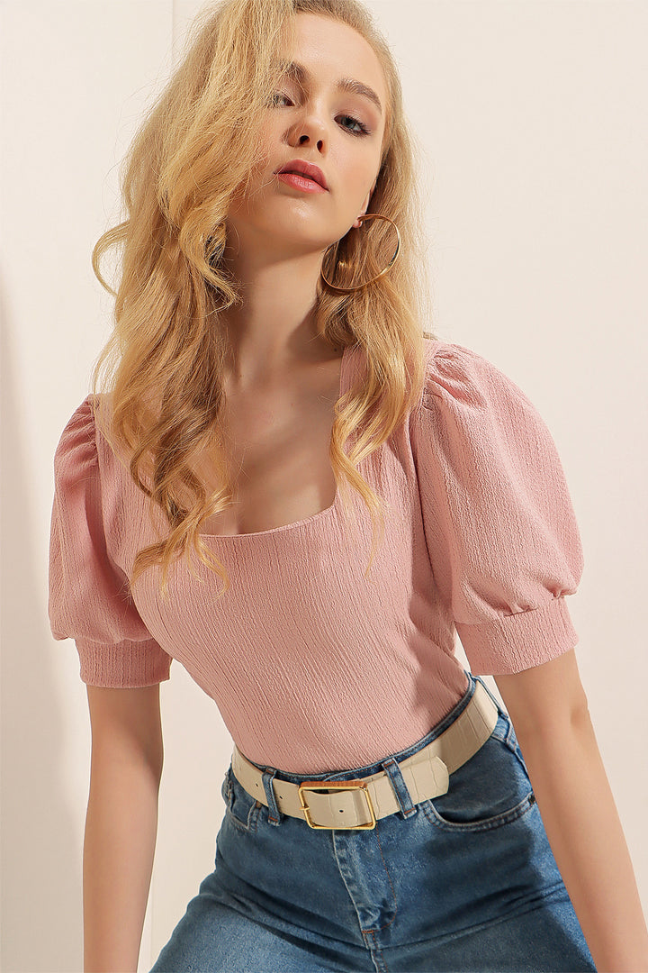 BGD Women Square Neck Knitted Blouse - Powder - Avondale