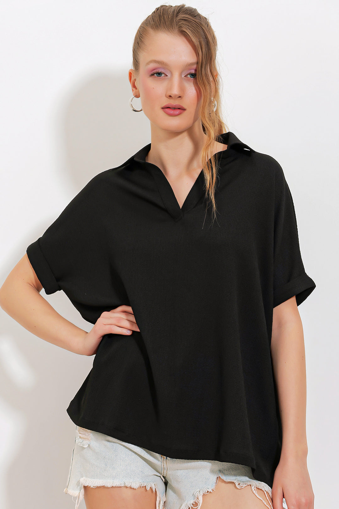 BGD Women Woman Black Oversized Polo Neck Knit Blouse 0486 - Avondale