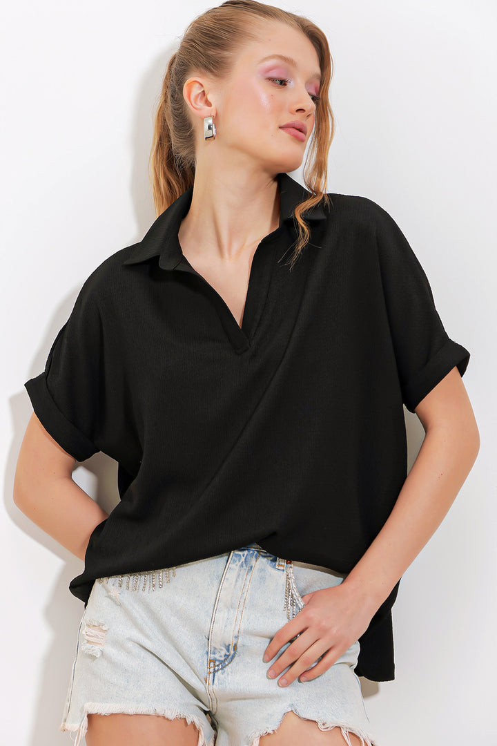 BGD Women Woman Black Oversized Polo Neck Knit Blouse 0486 - Avondale