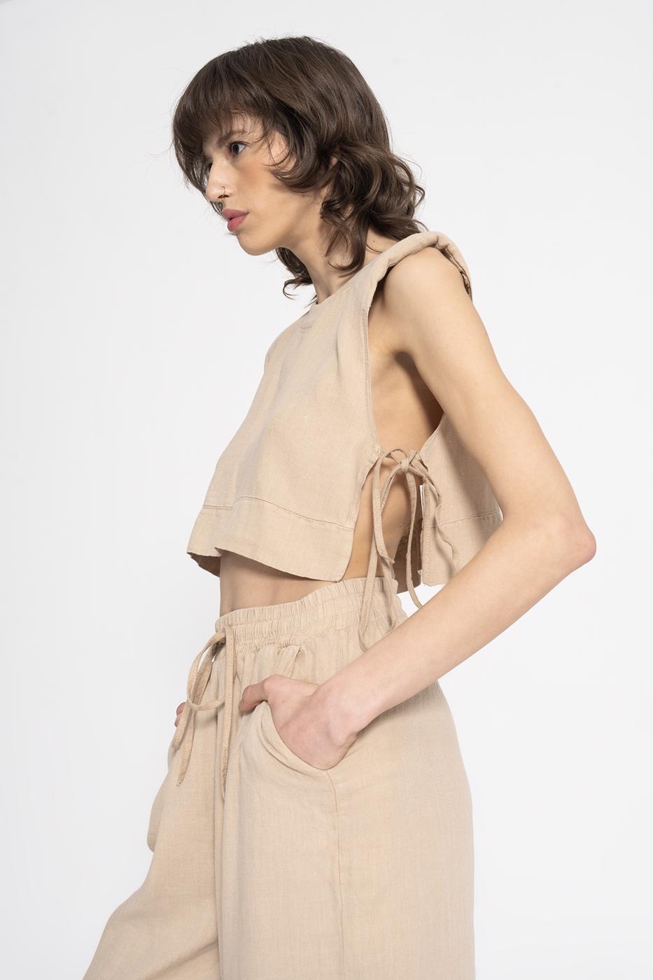 BSL Women 100% Linen Side Tie Crop Blouse - Mount Prospect