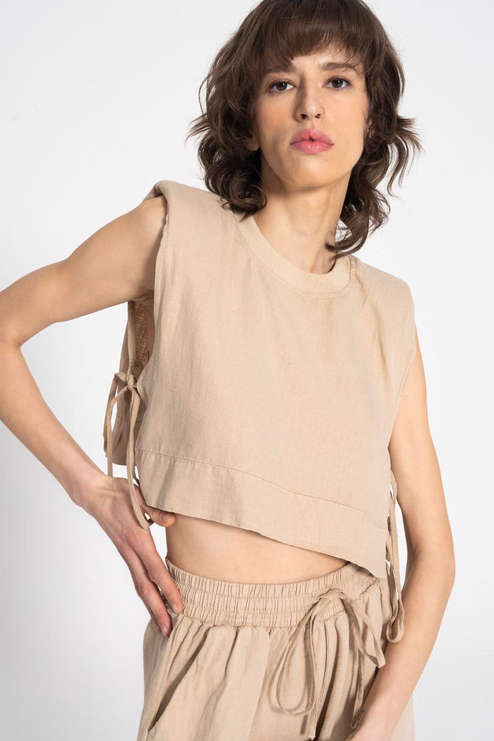 BSL Women 100% Linen Side Tie Crop Blouse - Mount Prospect