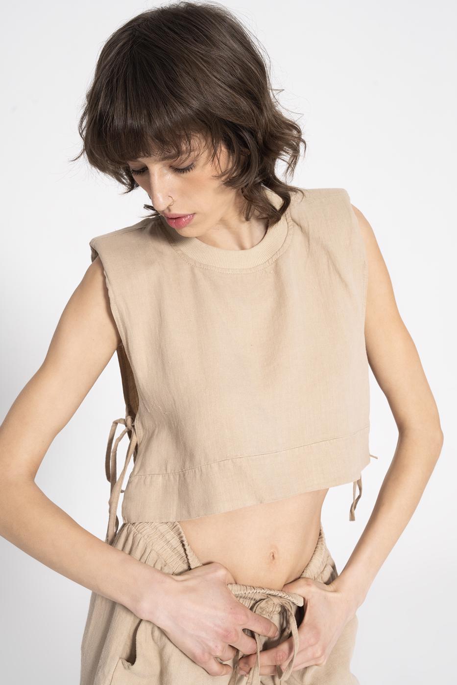 BSL Women 100% Linen Side Tie Crop Blouse - Mount Prospect