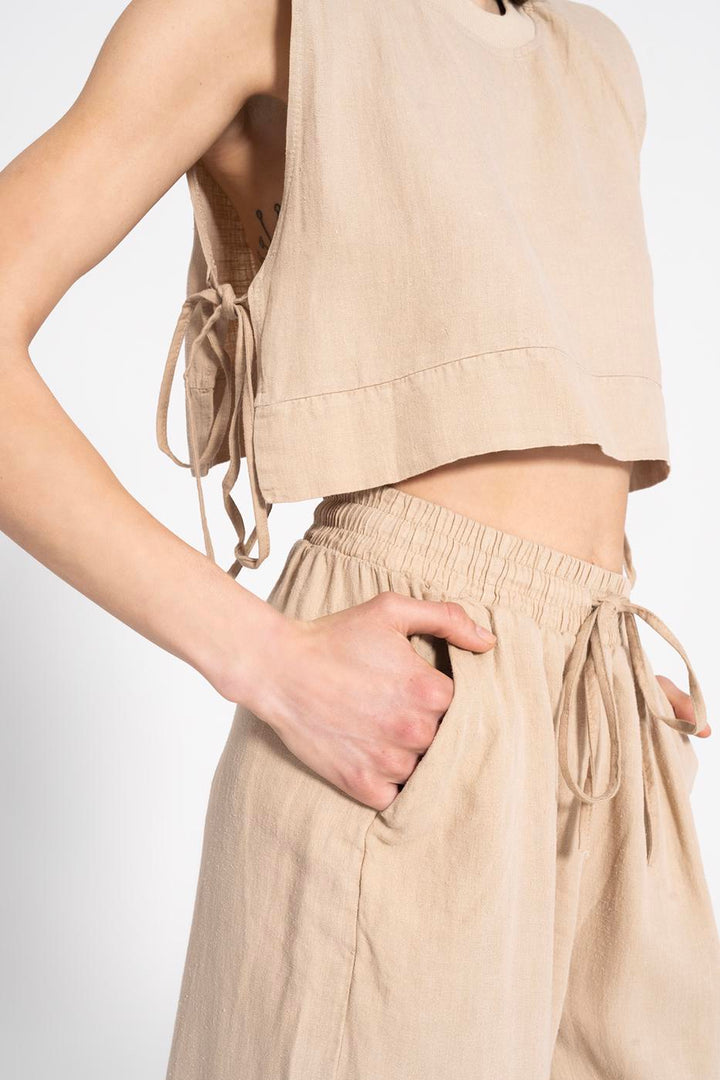 BSL Women 100% Linen Side Tie Crop Blouse - Mount Prospect