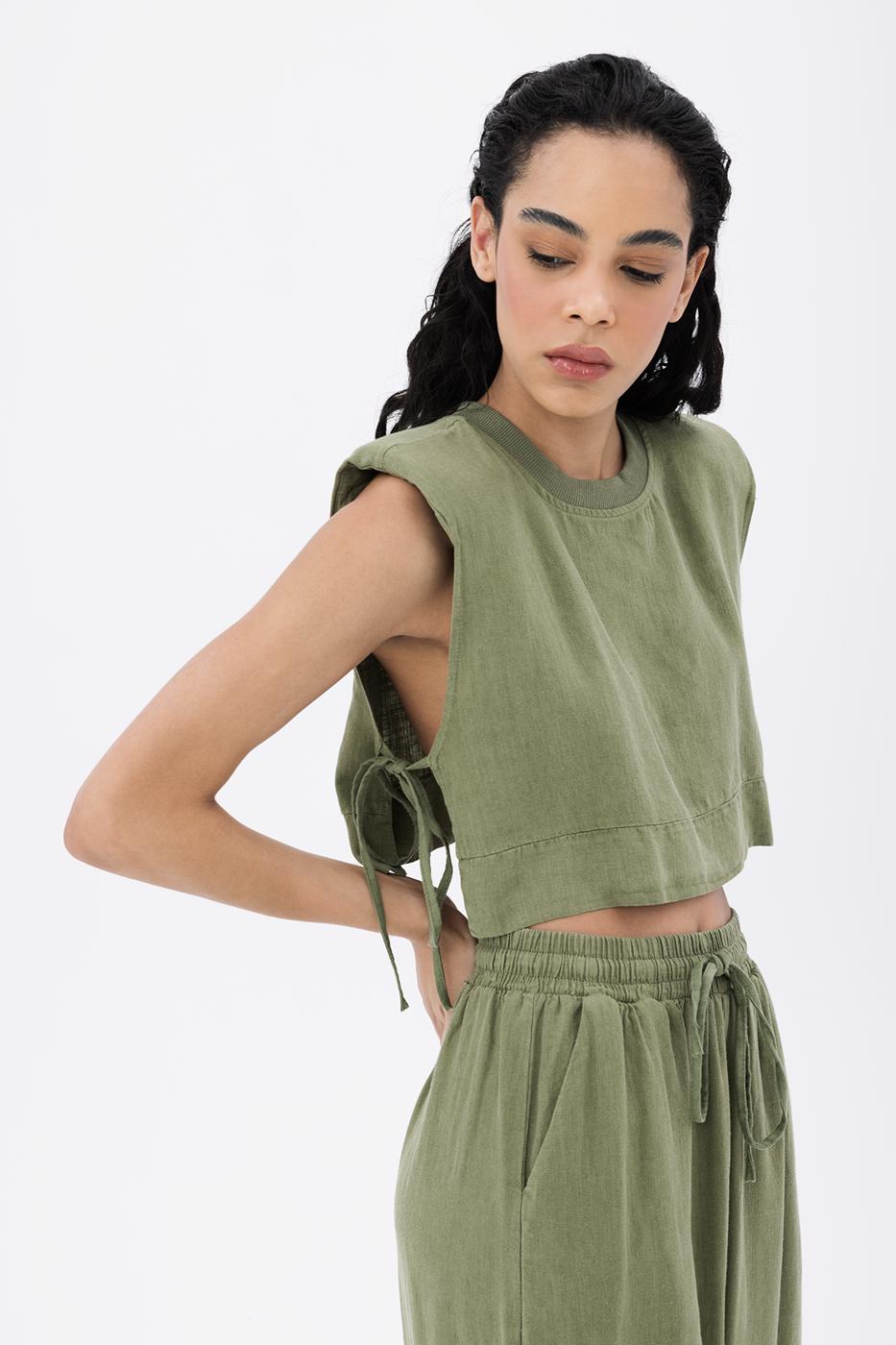 BSL Women 100% Linen Side Tie Crop Blouse - West Seneca