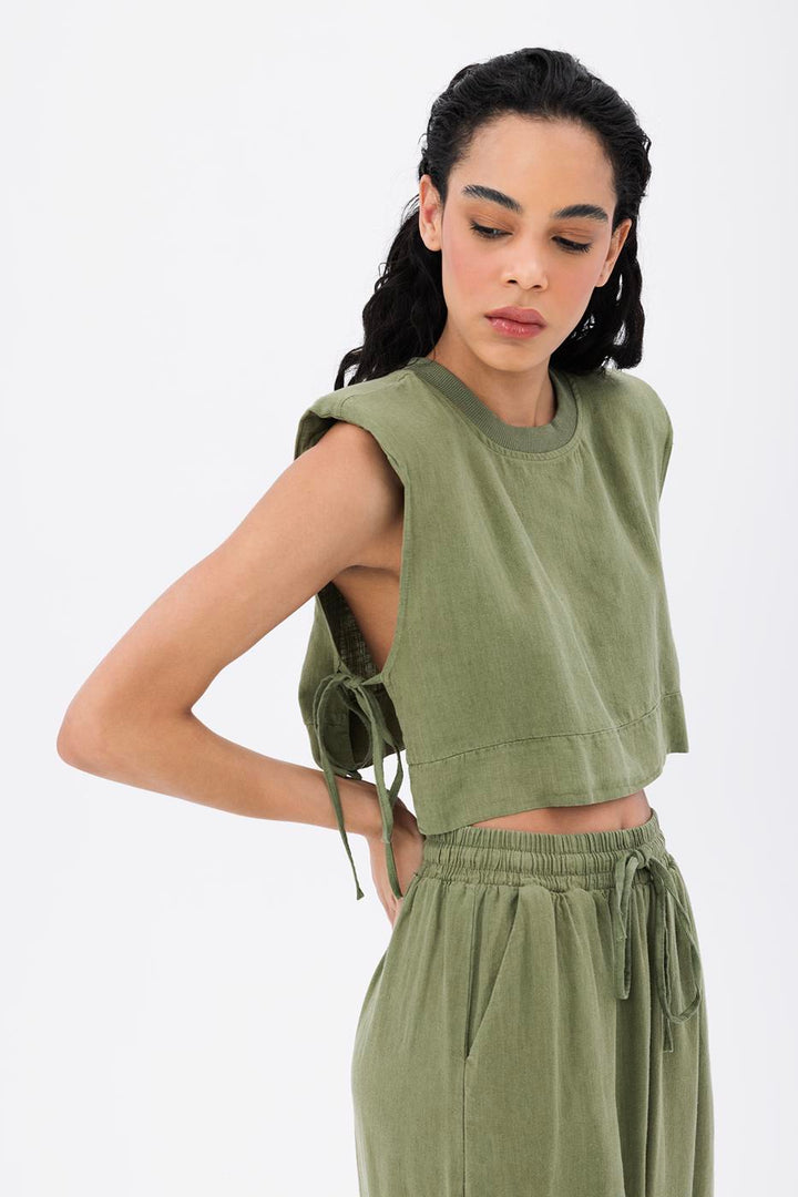 BSL Women 100% Linen Side Tie Crop Blouse - West Seneca