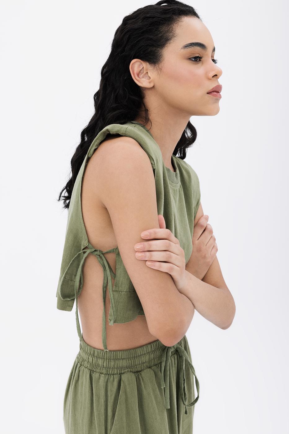 BSL Women 100% Linen Side Tie Crop Blouse - West Seneca