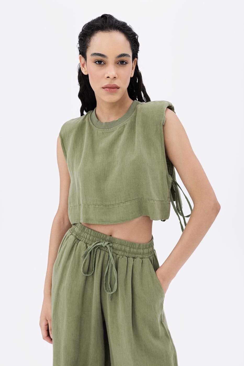 BSL Women 100% Linen Side Tie Crop Blouse - West Seneca