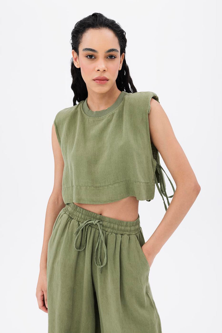 BSL Women 100% Linen Side Tie Crop Blouse - West Seneca