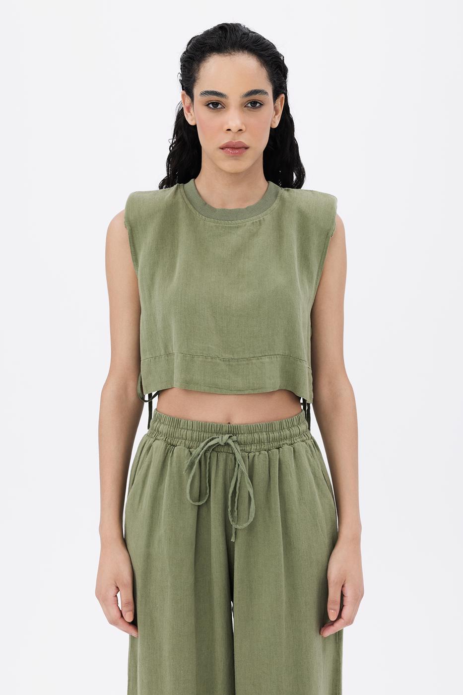 BSL Women 100% Linen Side Tie Crop Blouse - West Seneca