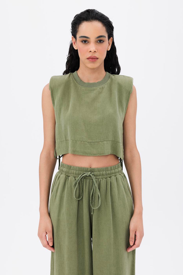 BSL Women 100% Linen Side Tie Crop Blouse - West Seneca