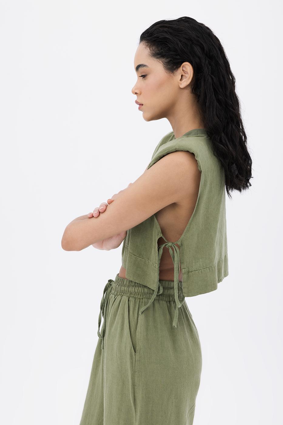 BSL Women 100% Linen Side Tie Crop Blouse - West Seneca