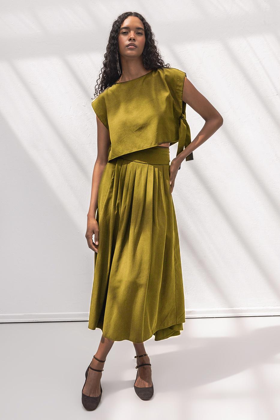 BSL Women 100% Tencel Pleated Detailed Midi Skirt - Leigh