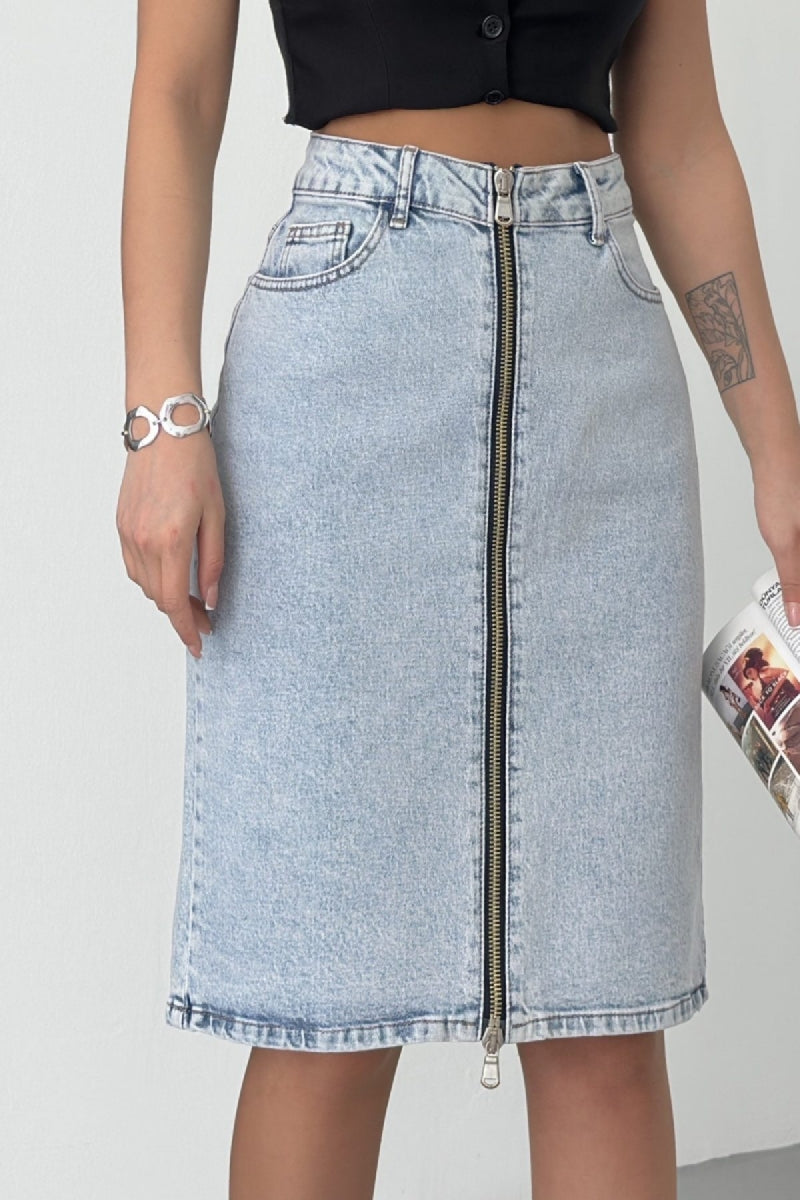 XLJ Medium Length Denim Skirt with Zippers on Double Side Mixed - Cairns